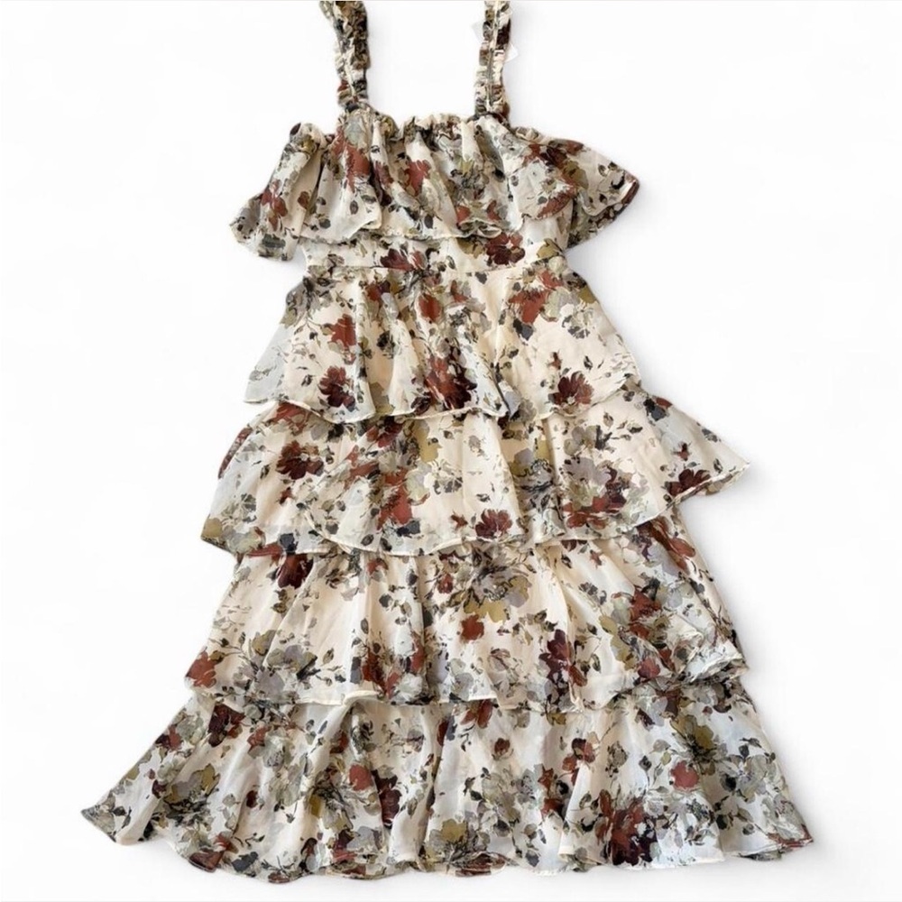 Storia by Anthropologie Cream Floral Tiered Ruffle Midi Summer Dress